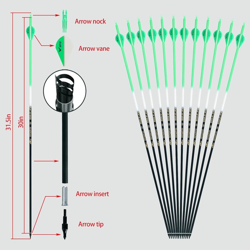 SP.G Archery Arrows for Compound Bow - 30 Inch Arrows for Compound Bow, 500 Spine Carbon Compound Arrows for Recurve Bow Shooting Hunting 12 Packs - Image 2